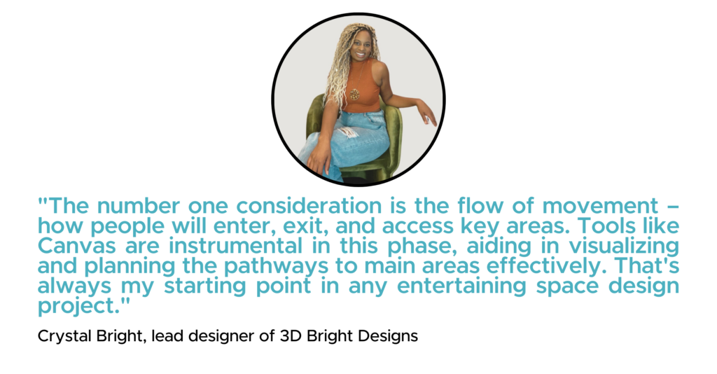 "The number one consideration is the flow of movement – how people will enter, exit, and access key areas. Tools like Canvas are instrumental in this phase, aiding in visualizing and planning the pathways to main areas effectively. That's always my starting point in any entertaining space design project." - Crystal Bright