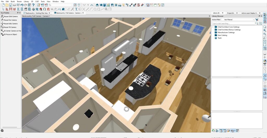 3D rendering of countertops, cabinets, and built-in-appliances